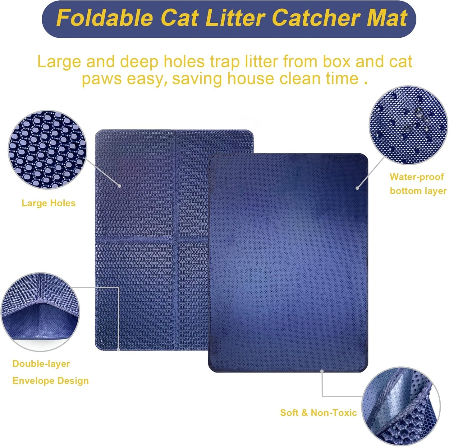 SIDUSAN Cat Litter Trapping Mat 30”X 22”Cat Litter Mat Kitty Litter Box Mat, Honeycomb Double Layer Foldable Litter Mat, Pretty Waterproof Urine Proof Mat, Scatter Control 2-Layer Easy Clean 1 Pack