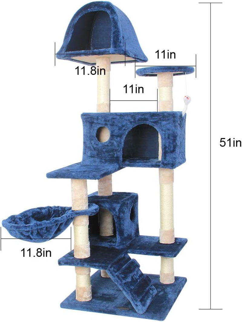 Cat Tree Flannelette Cat Climber Pet Condo Furniture Multi-Level Activity Tree with Sisal Scratching Posts Suitable for Cats and Kittens 51 Inches High Blue