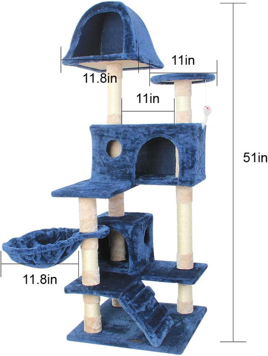 Cat Tree Flannelette Cat Climber Pet Condo Furniture Multi-Level Activity Tree with Sisal Scratching Posts Suitable for Cats and Kittens 51 Inches High Blue